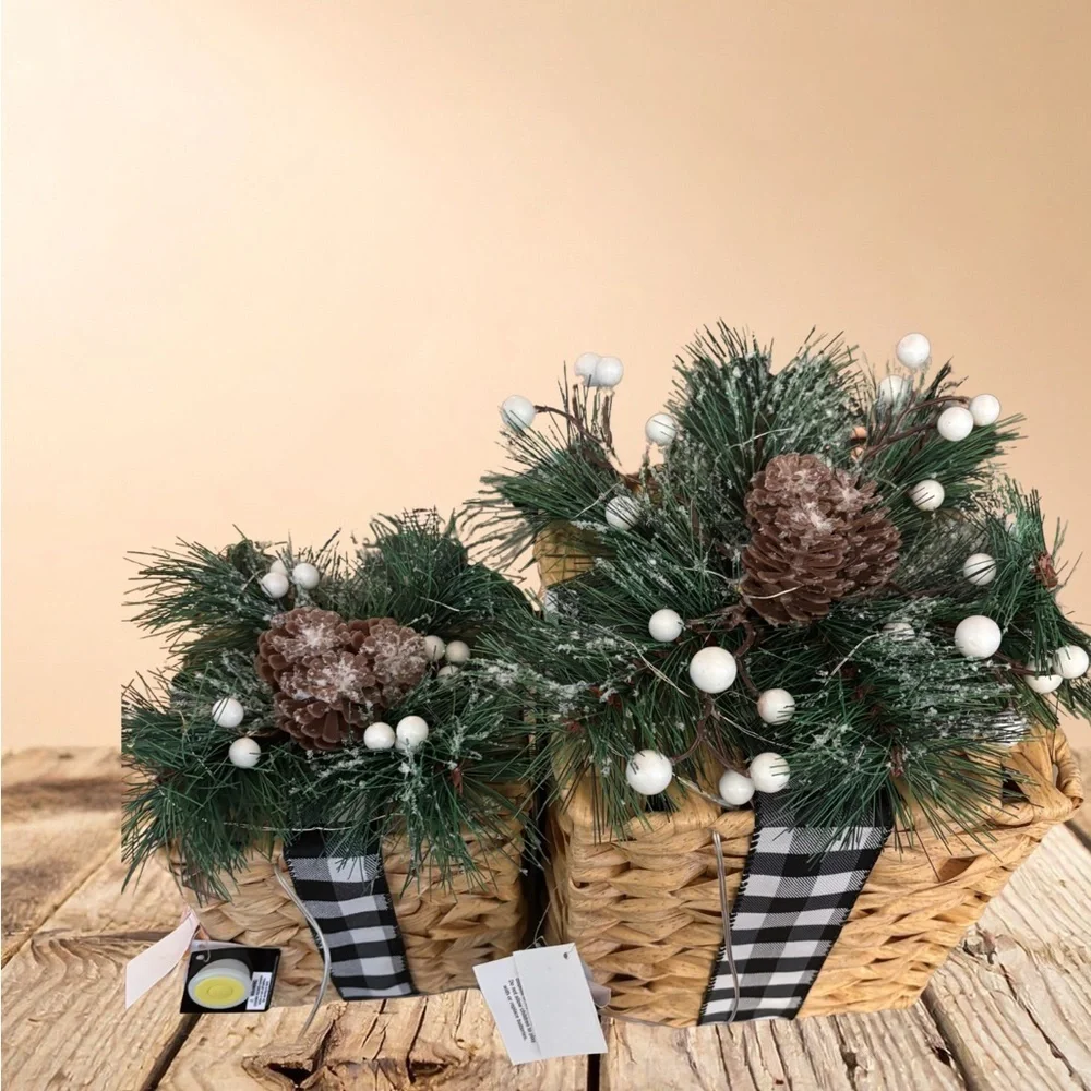 Woven Baskets with Greenery and Plaid Accent